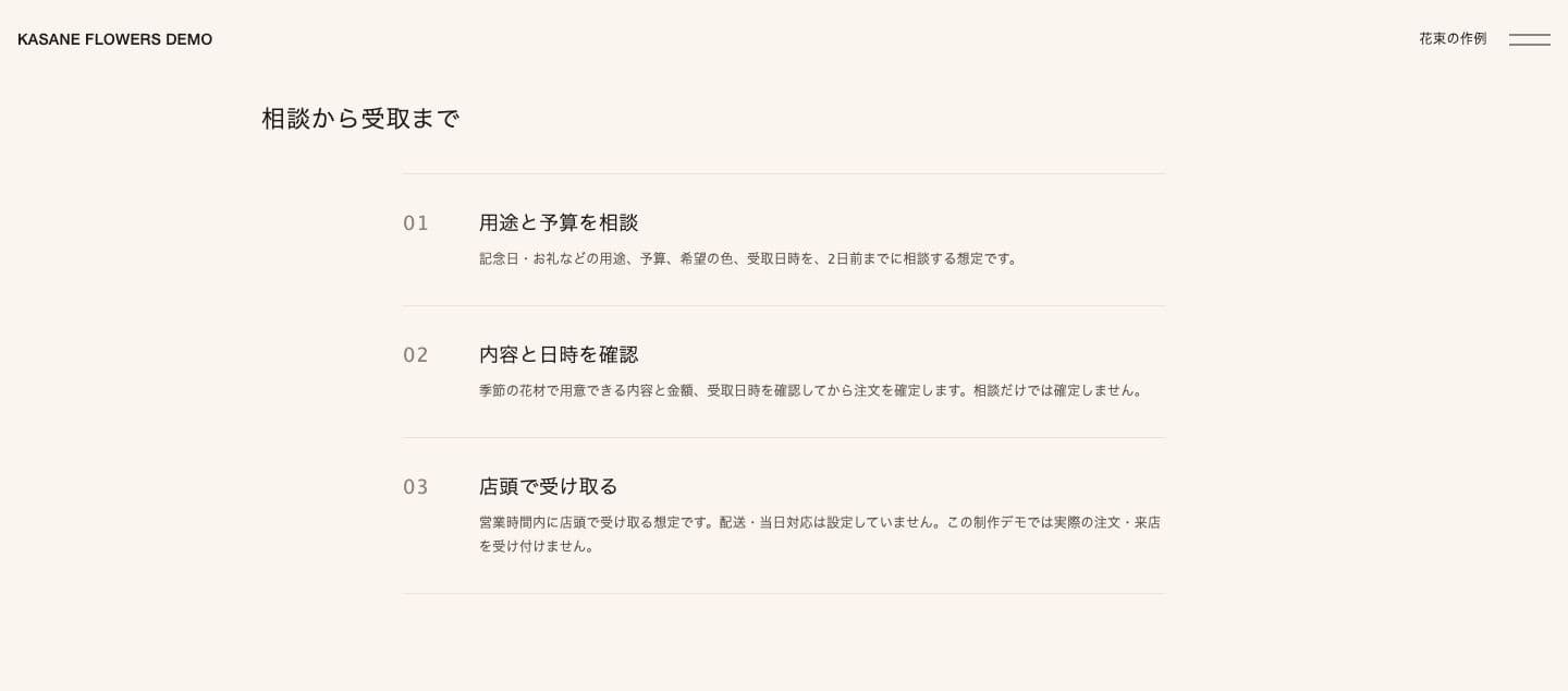 用途と予算を2日前までに相談し、内容と日時を確認してから店頭で受け取る3段階を示す完成サイト